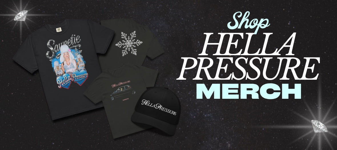 banner image with text "shop hella pressure merch"